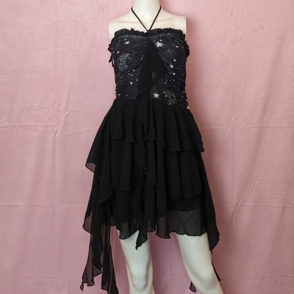 Cider Halter Moon and Stars Black Witch Core Ruffle Mini Dress size Small